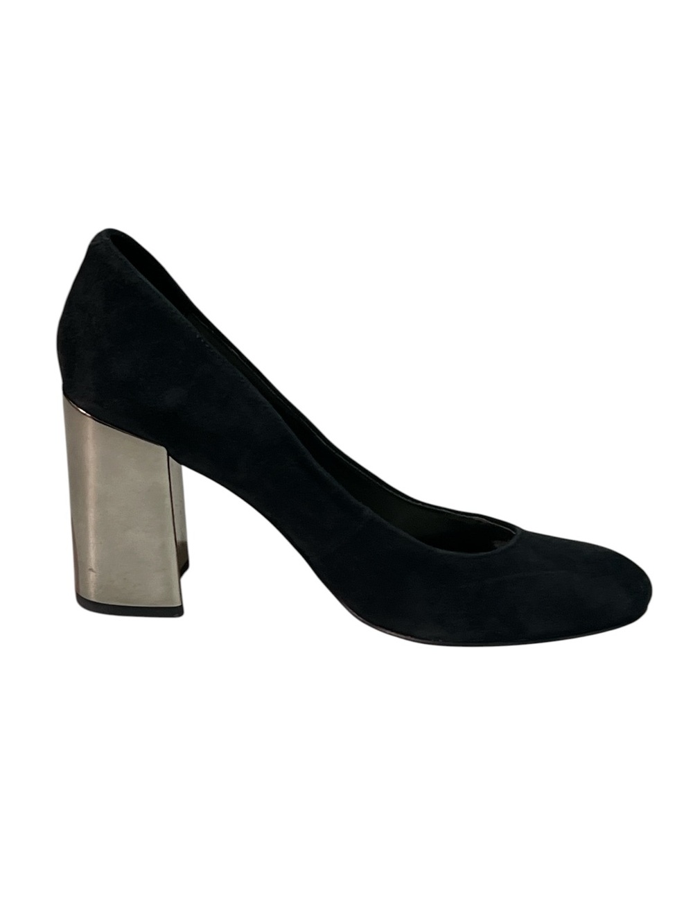 Marc Fisher Black Suede Pumps Silver Metallic Block Heel 7M - Picture 4 of 7